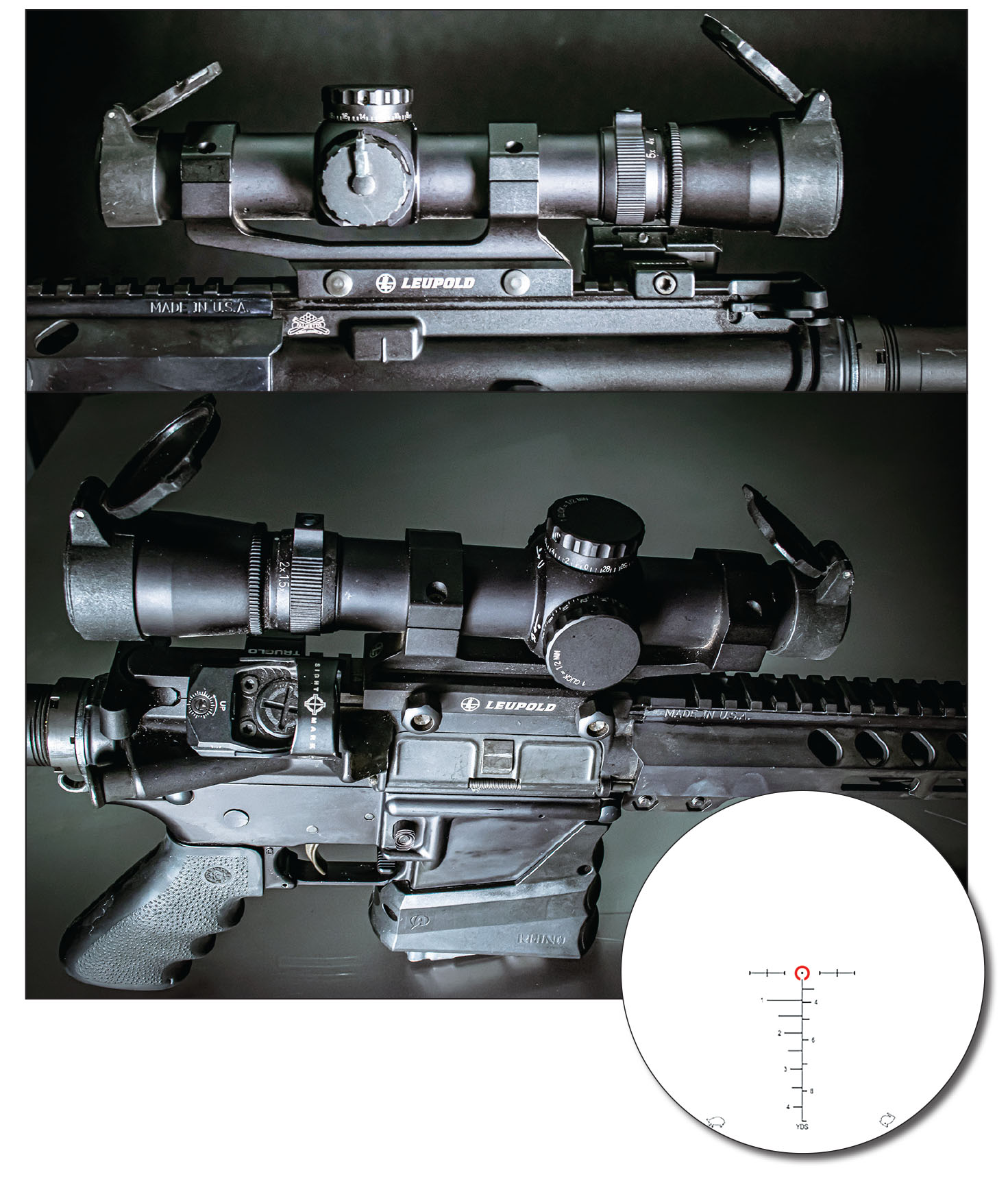 An excellent optic for the .300 Blackout is the Leupold Mark 4 MR/T 1.5-5x 20mm scope that features an illuminated reticle  specifically made for the .300 Blackout and offers holdover points for both subsonic and supersonic ammunition. Sadly, this option has been discontinued by the manufacturer at the time of this writing.